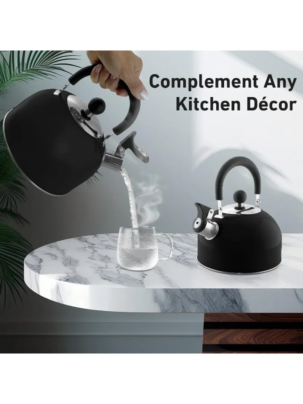 Black Kitchen Whistling Tea Kettles 2 Quart Stainless Steel Stovetop Tea pot